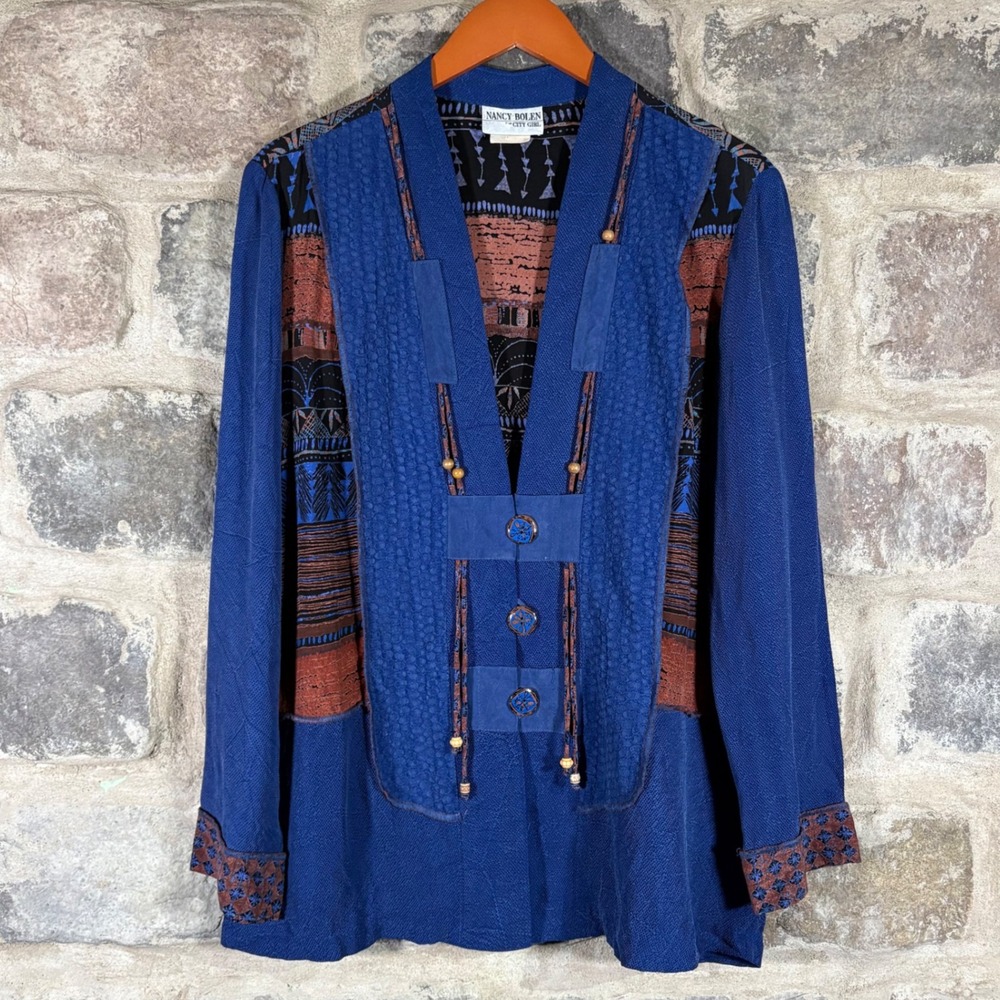 Nancy Bolen City Girl Women's‎ Blue Textured Patterned Button Up Long Sleeve Top